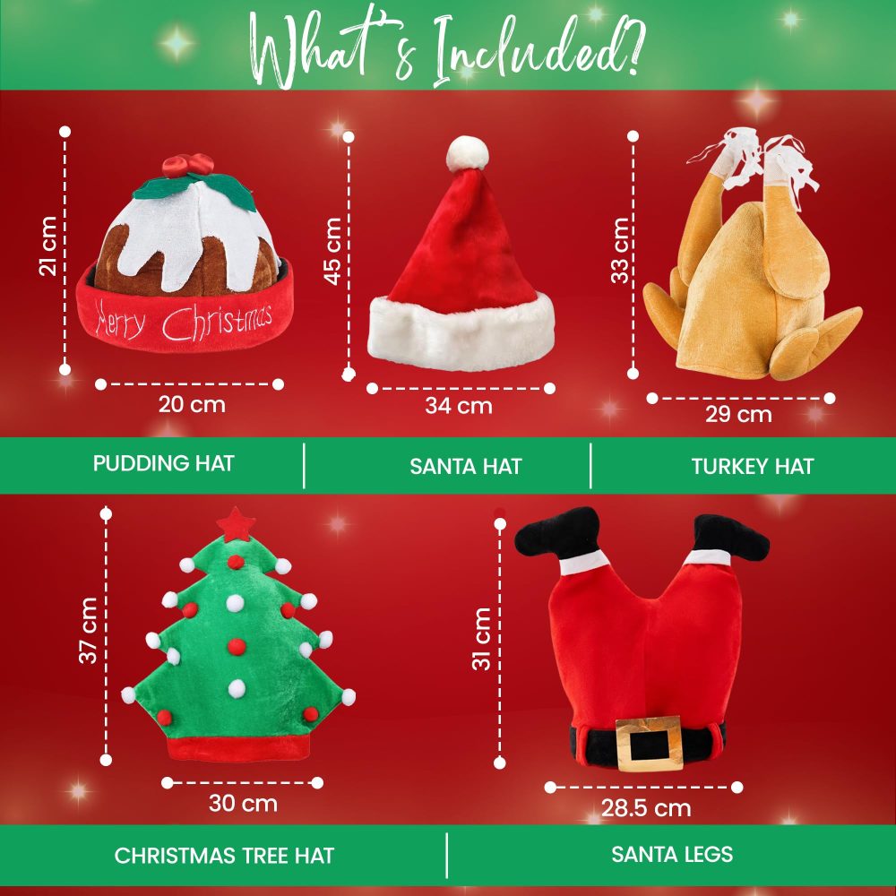 Novelty Christmas Hats Pack - Contains Santa Hats, Christmas Turkey Hat Adult, Christmas Pudding Hat Adult, Christmas Tree Hat - Christmas Accessories to Wear as Christmas Novelty Hats for Adults (5) - Image 7