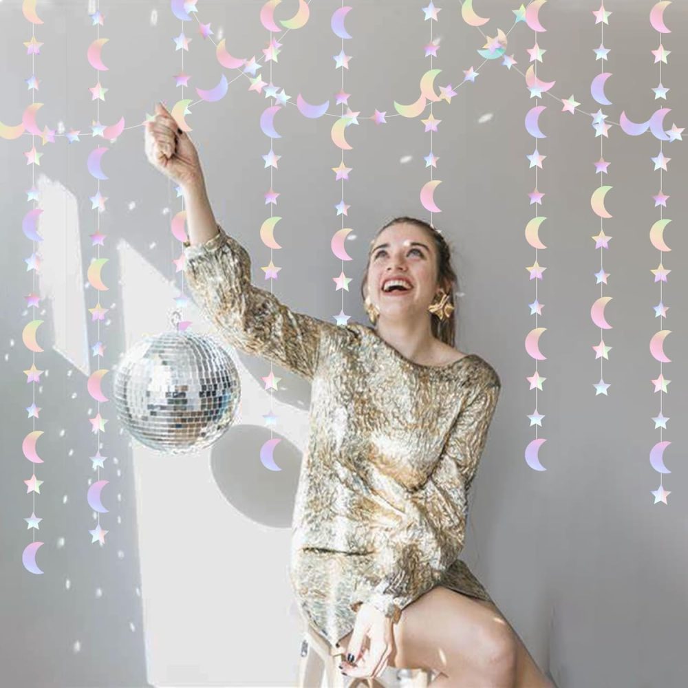 OURUOLA Iridescent Disco-Holographic Party-Decorations Moon-Star Garland - 62Ft Twinkle Little Star Hanging Neon Streamers Banner,Eid Ramadan Mubarak Decoration Birthday Wedding Baby Shower Decor - Image 3