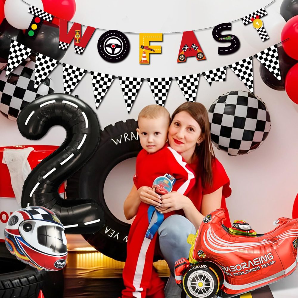 Race Car 2nd Birthday Decorations Boys, Two Fast Birthday Decorations, Racing Cars Birthday Decorations for Kids, Number 2 Balloon Tablecloth Race Car Birthday Party Supplies for 2 year old Baby - Image 5