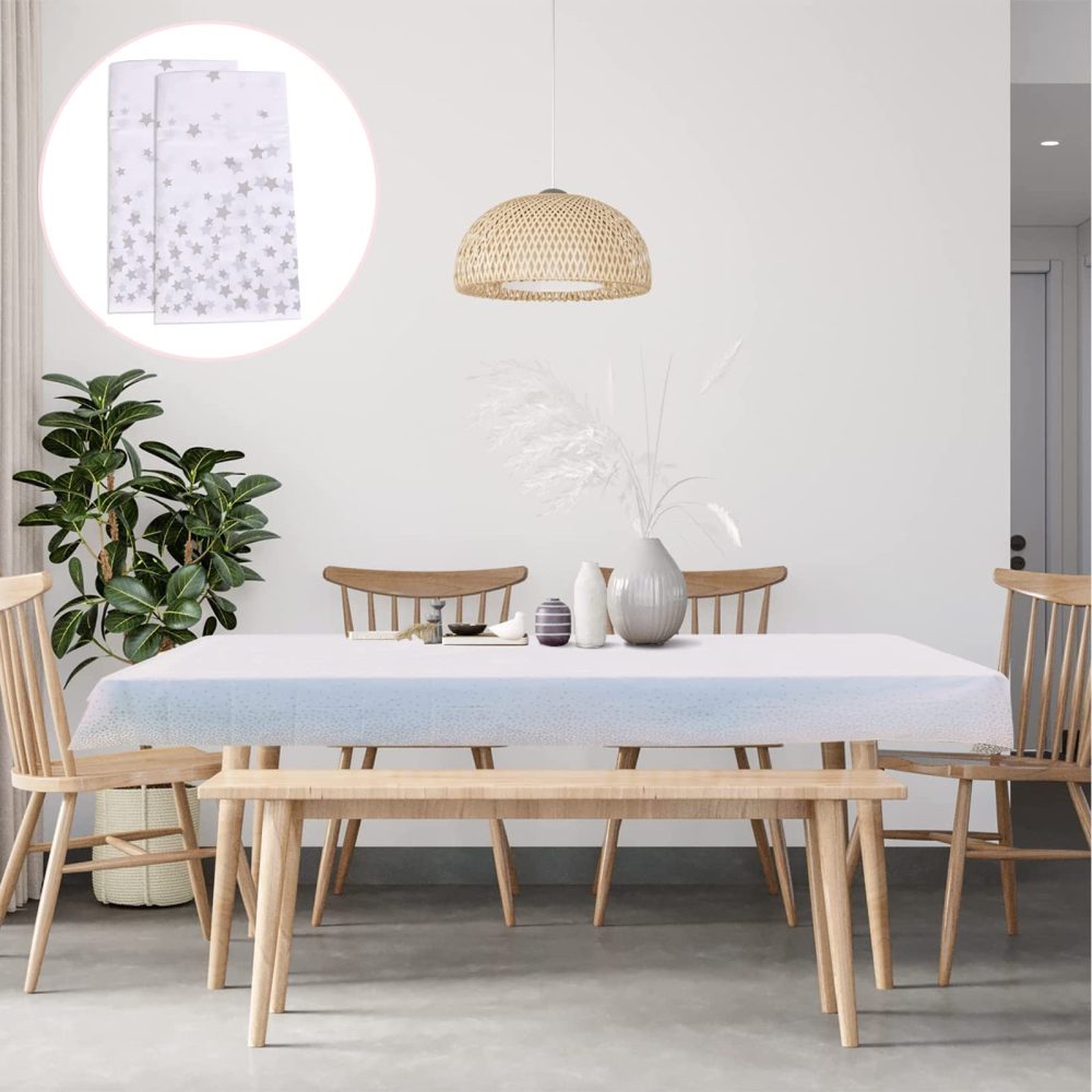 2Pcs 137*274cm White and Silver Disposable TableCloths Party Paper Plastic TableCloth,Silver Star Rectangular Waterproof Table Cover for Picnic,Baby Shower,Wedding,Christmas,Birthday Party Decor - Image 4