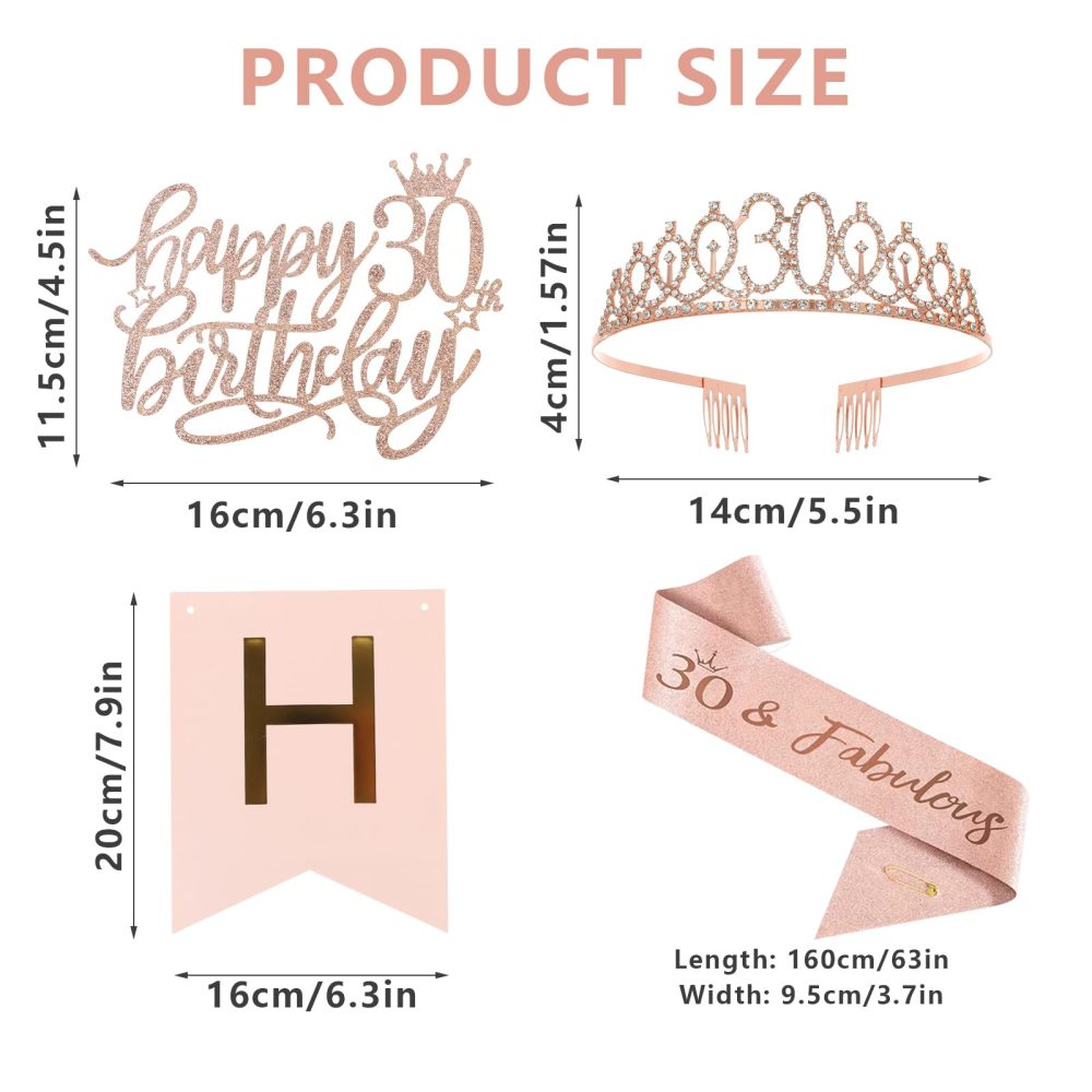 Iridsmole Rose Gold 30th Birthday Decorations for Women, 30th Birthday Sash and Tiara Rhinestone Crown, Rose Gold Happy Birthday Banner, Happy 30 Birthday Cake Topper for 30th Birthday Party Supplies - Image 5