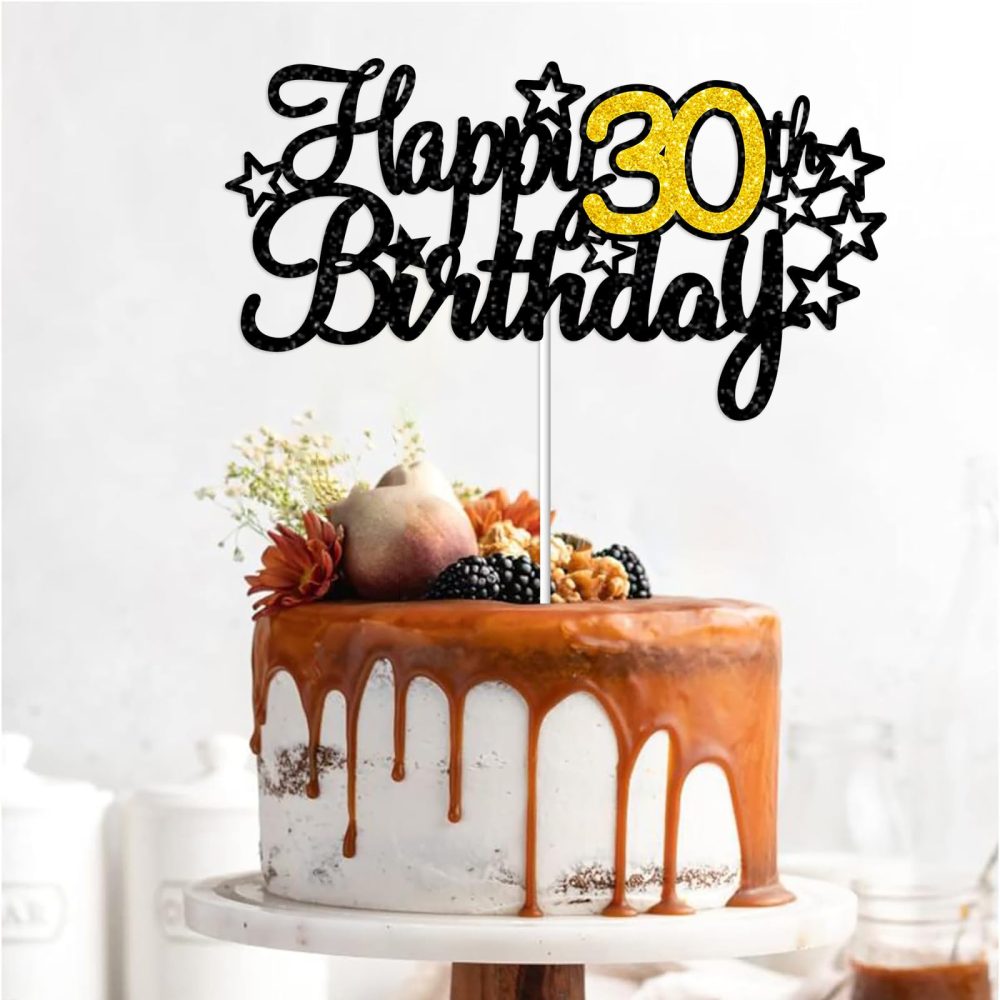 Gidobo 1PCS Happy 30th Birthday Cake Topper, Black Gold Glittery Happy 30th Birthday Cake Decorations for Birthday Anniversary Party Cake Pick Decorations Supplies - Image 3