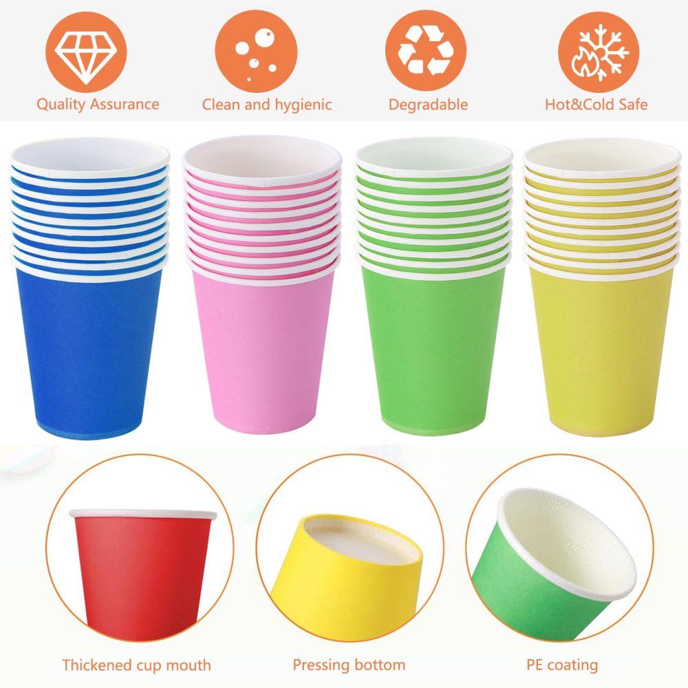 Maridergo 80 Pack Colorful Paper Cups Party Cups, 250ml Multi Coloured Drinking Cups Neon Party Cups Picnic Cups Biodegradable for DIY, Birthday, Picnics, Weddings, Holiday Party, 8 Colors - Image 4