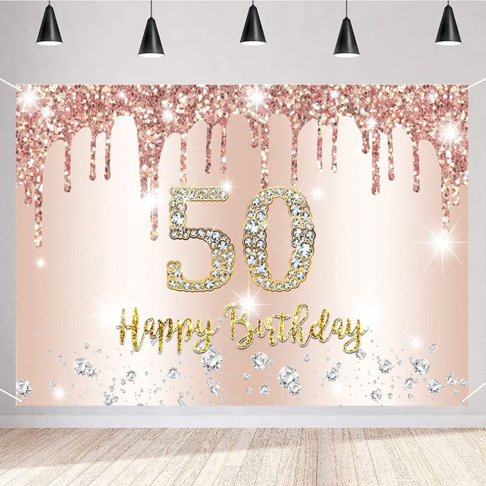 Happy 50th Birthday Party Decoration Backdrop Banner for Women Happy 50 Years Old Fabric Sign Poster, Glitter Rosegold Photo Background 50th Birthday Decorations Party Supplies, 150x90cm