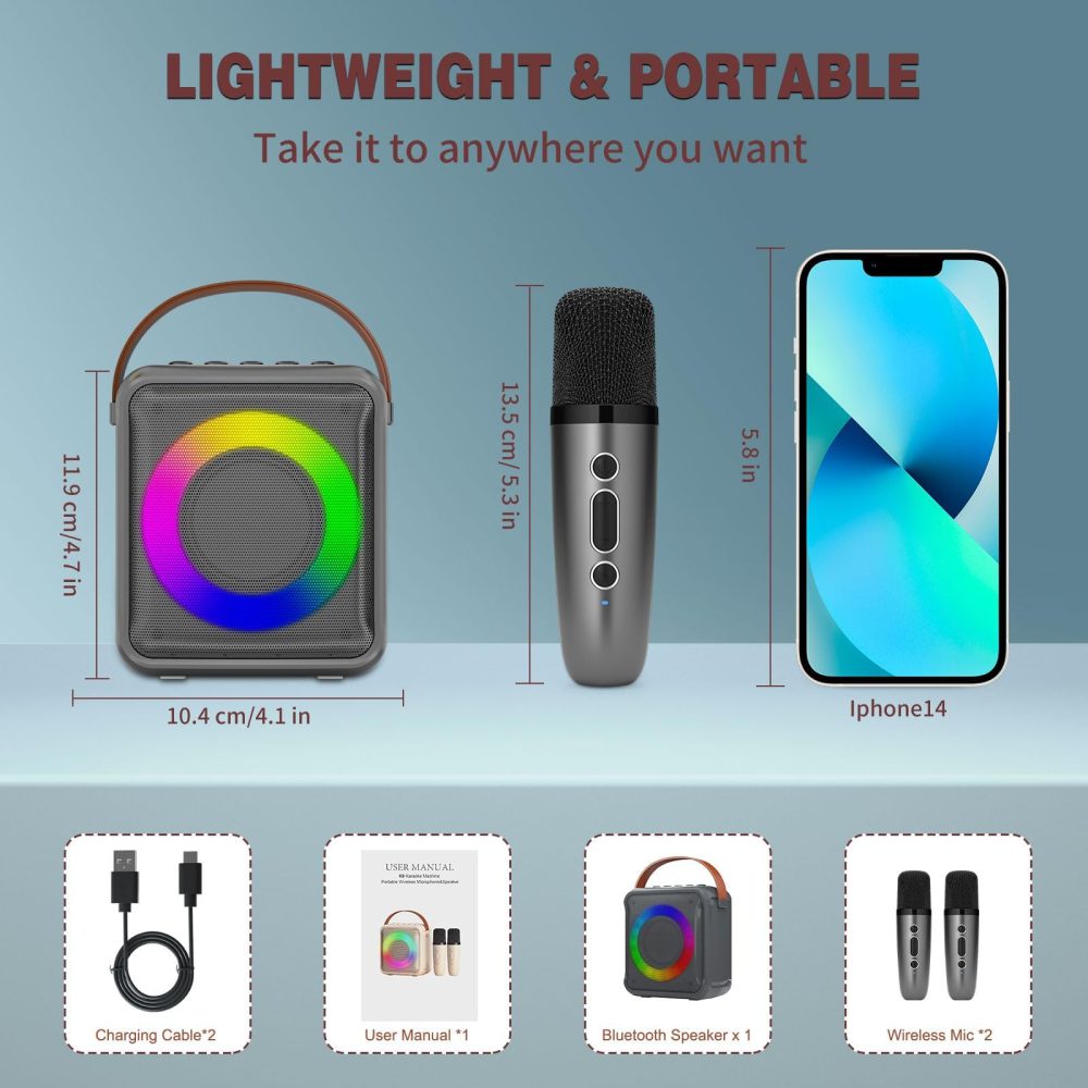 Ankuka Karaoke Toys for Kids & Adults with 2 Microphones, Portable Karaoke Machine with LED Light and Voice Changing Effects, Gifts for Age 3-18 Kids Boys Girls Families Birthday Party (Silver) - Image 8