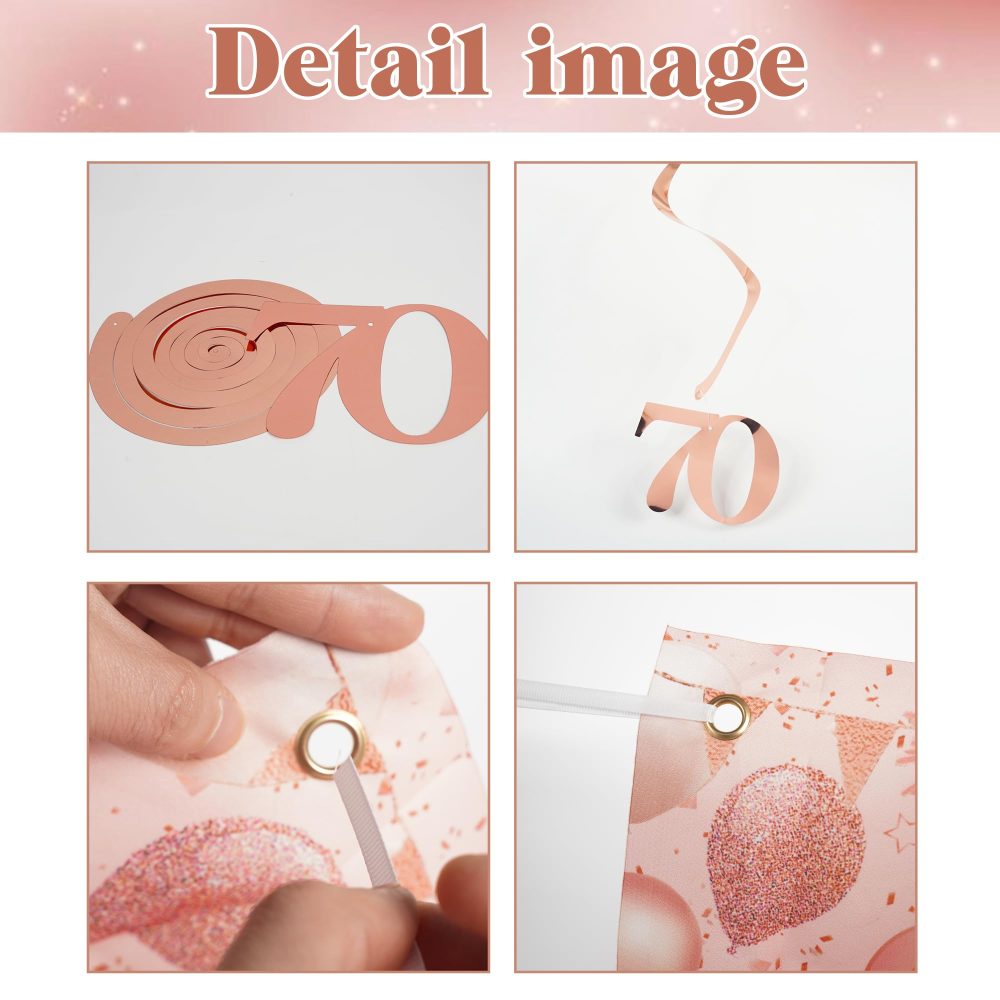 Rose Gold 70th Birthday Banner - 33 Pieces Rose Gold Birthday Party Decor Strip Banner Triangle Flag Rose Gold Hanging Paper Flower Matte Rose Gold Sequins Balloon for Women 70th Birthday Party Decor - Image 5