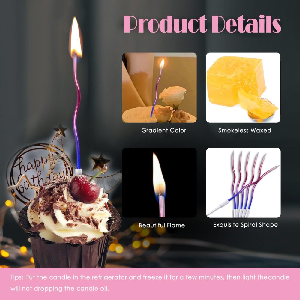 Birthday Cake Candles, 12pcs Long Thin Rainbow Birthday Candle, Colorful Spiral Cupcake Candle, Metallic Cake Candles with Holder for Wedding Baby Shower Party Decoration - Image 7