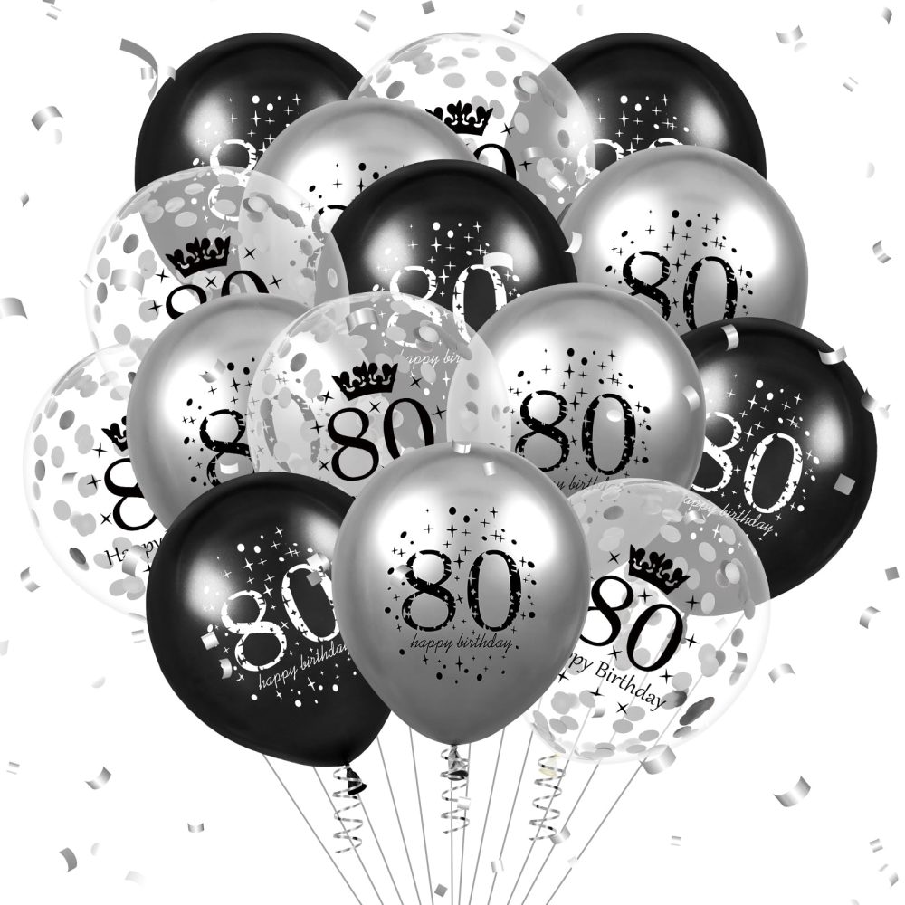 80th Birthday Balloons Decorations 15pcs Silver Black for Men Number 80 Anniversary Happy Birthday Party Latex Confetti Balloons for Men Women Adults 80th Happy Birthday Party Decor Supplies 12 Inches
