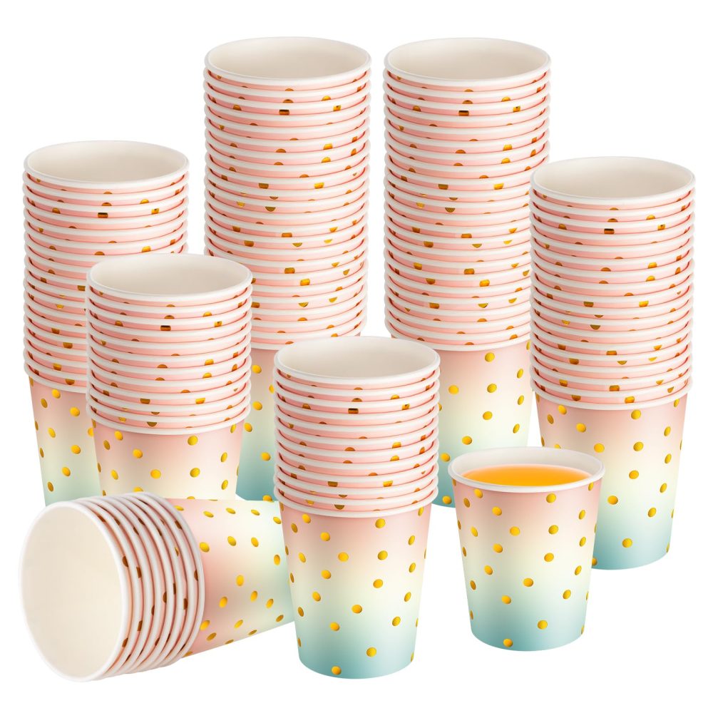 CEILIWEN Pack of 100 Rainbow Color Party Cups, 9 OZ/250ml Polka Dot Paper Cups, Pink Paper Cups for Both Hot Drinks and Cold Drinks (Rainbow Color)