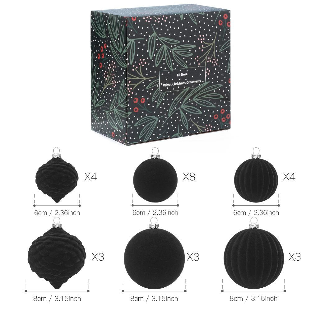 KI Store Black Velvet Christmas Balls 25pcs Shatterproof Flocked Christmas Tree Ornaments Assorted for Xmas Tree Decorations - Image 6