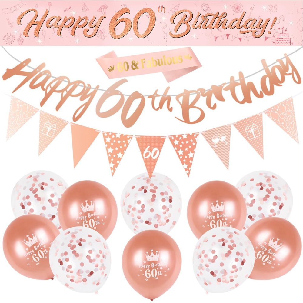 60th Birthday Decorations Kit Rose Gold Happy 60th Birthday Banner Triangle Flag Confetti Balloons Birthday Party Decorations Supplies Age 60
