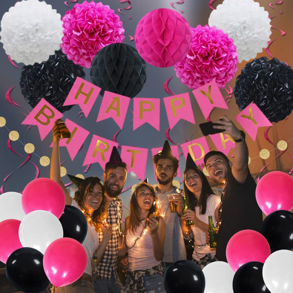 Hot Pink Black White Birthday Decorations for 1st 16th 18th 21th 30th 40th 50th 60th 70th Birthday, Happy Birthday Banner with Tissue Pompoms Balloons for Birthday Party Supplies for Women Girls - Image 2