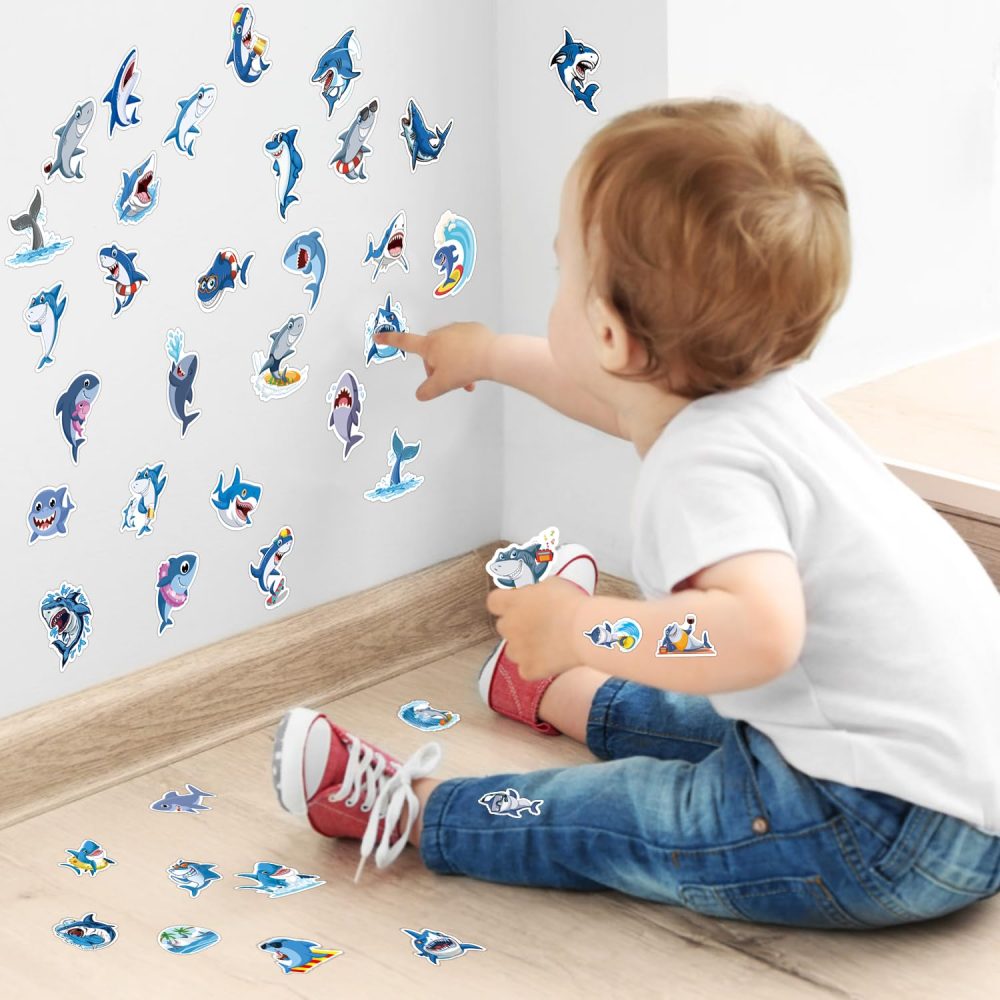 114PCS Shark Party Favors Set - 12 Shark Bracelets Wristbands 54 Shark Stickers 12 Shark Favor Bag 12 Shark Tattoo Stickers 12 Shark Notepads 12 Shark Button Pins for Ocean Shark Party Supplies - Image 4