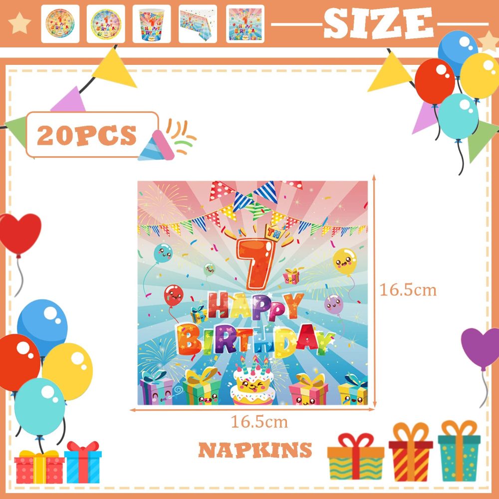 20P 7th Birthday Serviettes Napkins,Kids Colourful 7th Birthday Tableware Party Paper Napkins Disposable,7th Birthday Table Decorations Napkin Tissue for Girls,Boys,Kid 7th Birthday Party Decorations - Image 7