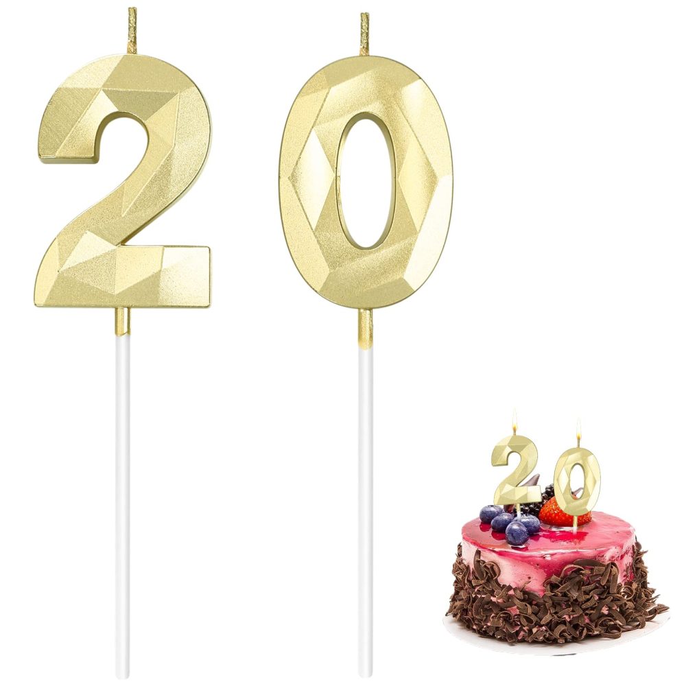 20th Birthday Candles, 20th Birthday Cake Number Candles, Gold 3D Happy Birthday Cake Topper Decorations Candles, for Birthday Party Wedding Anniversary Celebration Decorations Candles