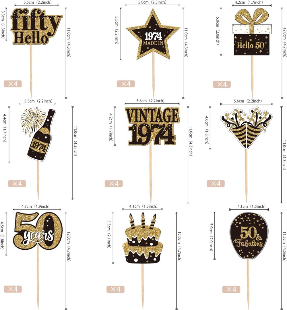 SYKYCTCY 36 Pack Vintage 1974 Cupcake Toppers cheers to 50th Birthday Cupcake Picks Hello Fifty Birthday Cupcake Decorations for Happy 50th Birthday Wedding Anniversary Party Supplies - Image 6