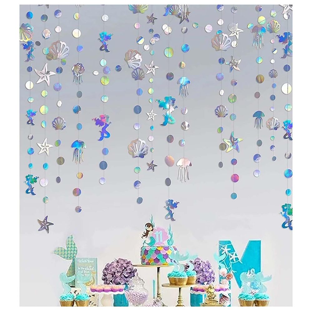 Dinghaole 52Ft Iridescent Mermaid Party Decorations-Bubble Pearl Starfish Seashell Jellyfish Garland-Ocean Under The Sea Theme-Baby Shower Birthday Party Supplies-Holographic Paper Bunting Streamers - Image 3