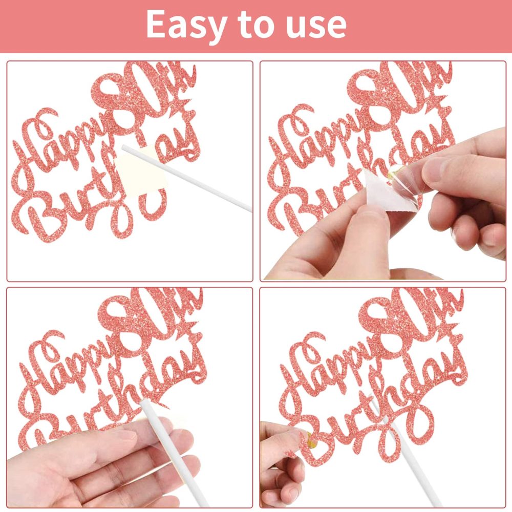 80th Birthday Cake Topper Rose Gold, Glitter Happy 80th Birthday Cake Topper Kit with Star Heart Paper Fan Confetti Balloon, Cupcake Topper for Women 80th Birthday Anniversary Party Cake Decorations - Image 3