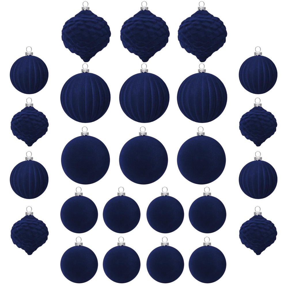 KI Store Blue Velvet Christmas Baubles 25pcs Shatterproof Flocked Christmas Tree Ornaments 80mm 60mm Assorted for Xmas Tree Decorations