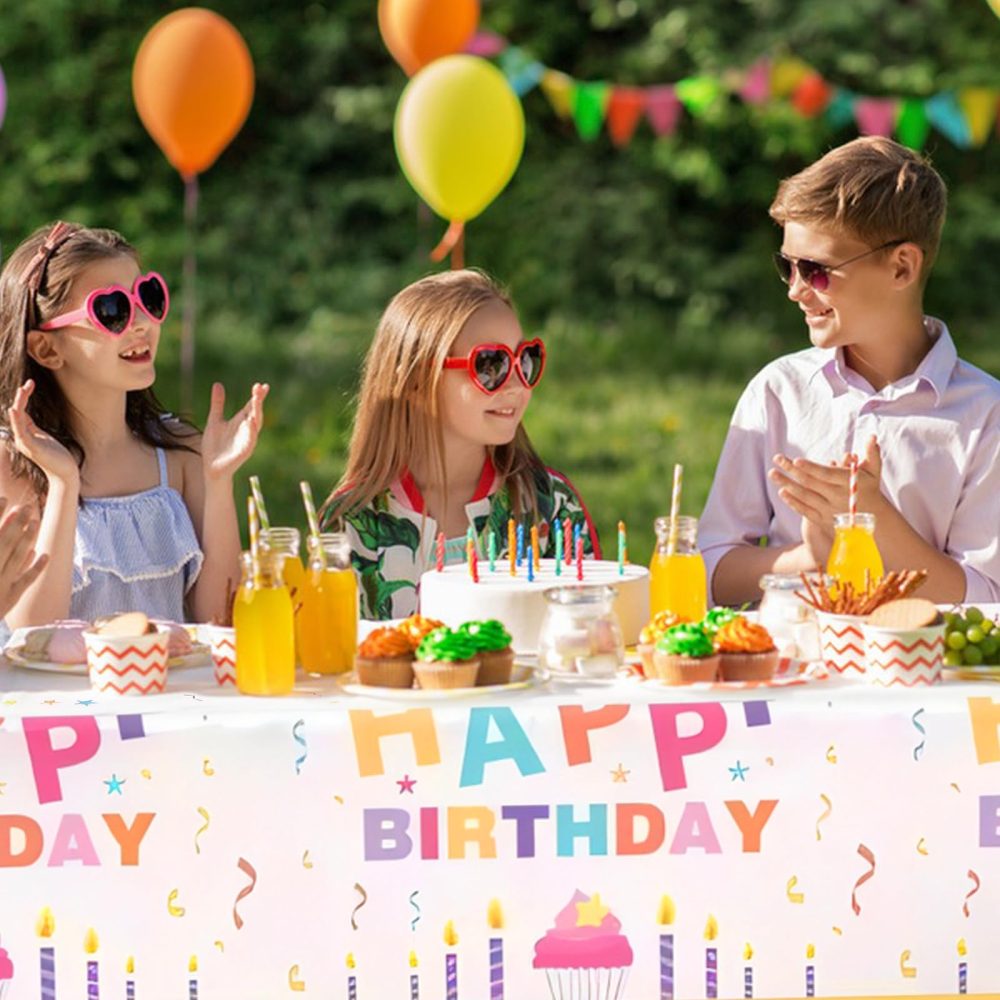 2Pack Birthday Party Table Cloth,54x72in Happy Birthday Party Tablecloth for Boys Girls White Plastic Confetti Disposable Rectangular Party Table Cover for Kids Baby Birthday Themed Party Decorations - Image 5