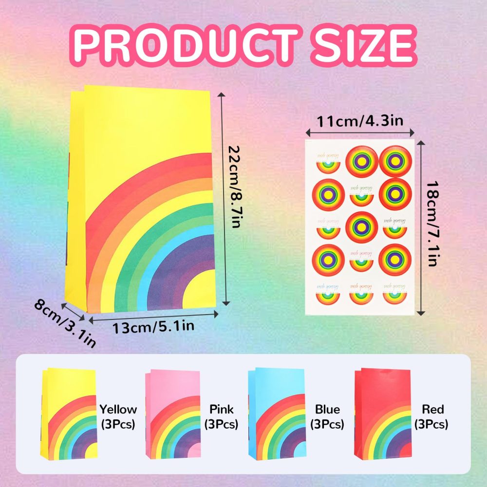12 Pieces Rainbow Goody Bags with Sticker, Reusable Rainbow Stripe Paper Bags, Rainbow Sweet Treat Kraft Bags, Multi-Color Flat Bottom Paper Bags, Kraft Gift Bags for Baby Baptism Wedding Party - Image 7