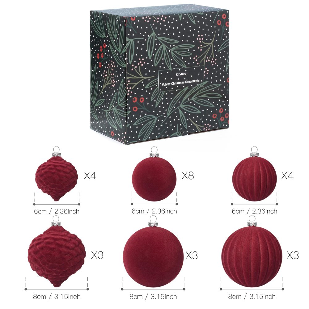 KI Store Velvet Christmas Baubles Red 25pcs Shatterproof Flocked Christmas Tree Ornaments 80mm 60mm Assorted for Xmas Tree Decorations - Image 7