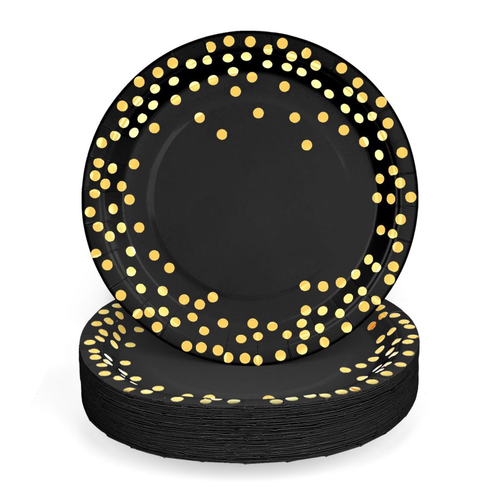 SKBATTERRS 50 Pcs Party Paper Plates Set,Disposable Party Tableware Party Decorations Birthday Party Decorations Party Supplies (Black and Gold, 22.9 cm/9 inch) - Image 7