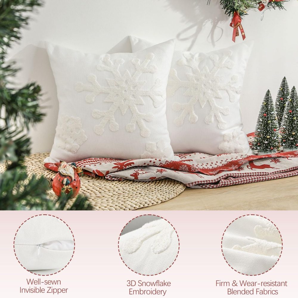Lewondr Christmas Throw Pillow Cover, 2 Pack Snowflake Embroidery Decorative Throw Pillow Case Linen Sofa Cushion Cover for Party Thanksgiving Day Xmas Decor 16"x16"(40x40cm) - White - Image 5