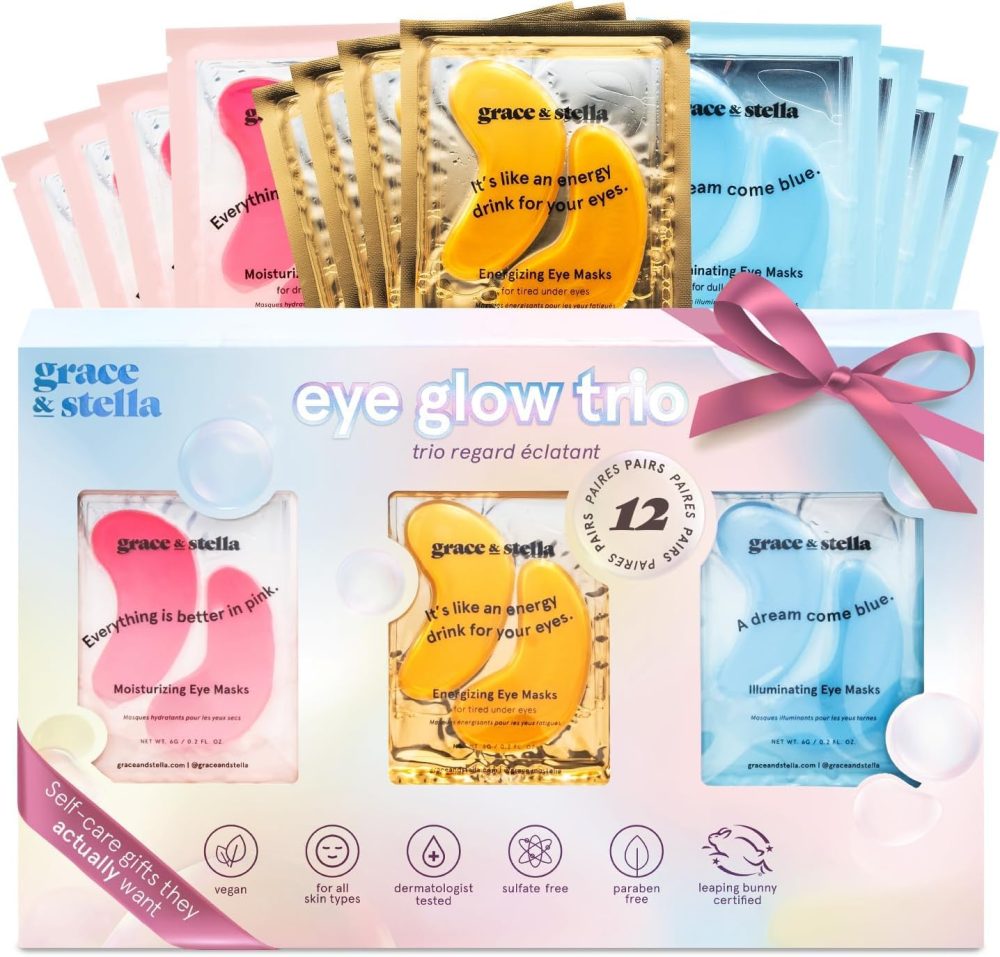 grace & stella Trio Under Eye Gel Patches Birthday Gifts for Women (12 Pairs, 3 Colours) Christmas Gifts for Women to treat Dark Circles, Eye Masks for Puffy Eyes, Vegan Pamper Gifts for Her