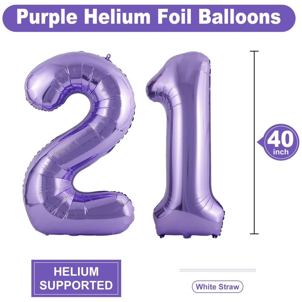 Number 21 Balloons Purple, 40 Inch Purple Helium Foil Number 21 Balloons, Large Number Balloon Age Balloon Self Inflating for Boys Girls 21th Birthday Wedding Anniversary Party Decorations(Digital 21) - Image 7