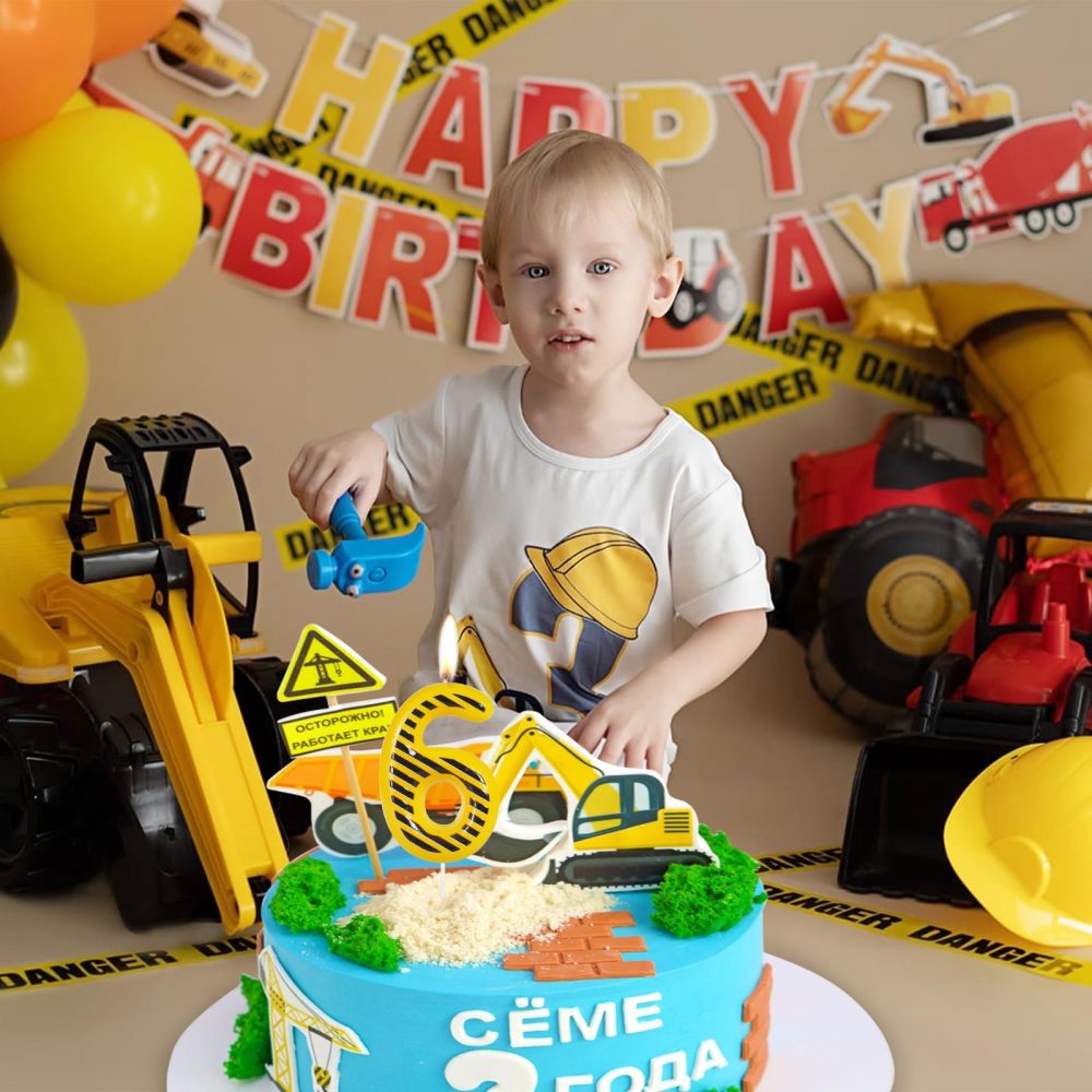 ZHIHUI Birthday Candle Construction Themed Birthday Party Decoration, Yellow and Black Striped Happy Birthday Cake Candle, Boys Girls Kids Birthday Cake Topper Reunions Theme Party Supplies (Number 5) - Image 2
