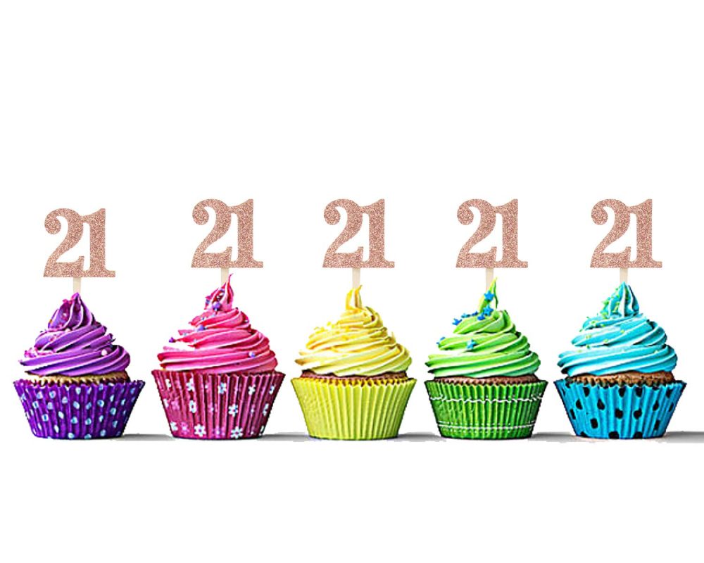 Sumerk 36PCS Rose Gold Glitter 21 Cupcake Toppers 21th Birthday Cupcake Picks Anniversary Birthday Party Decoration Supplies