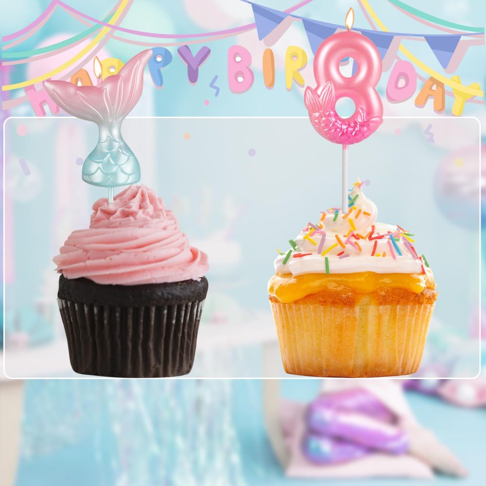 Mermaid Number Candles Set, 3PCS Pink Blue Birthday Cake Candles,Number 3 Mermaid with Tail Pink Theme Birthday Cake Decoration for Girls Baby - Image 5