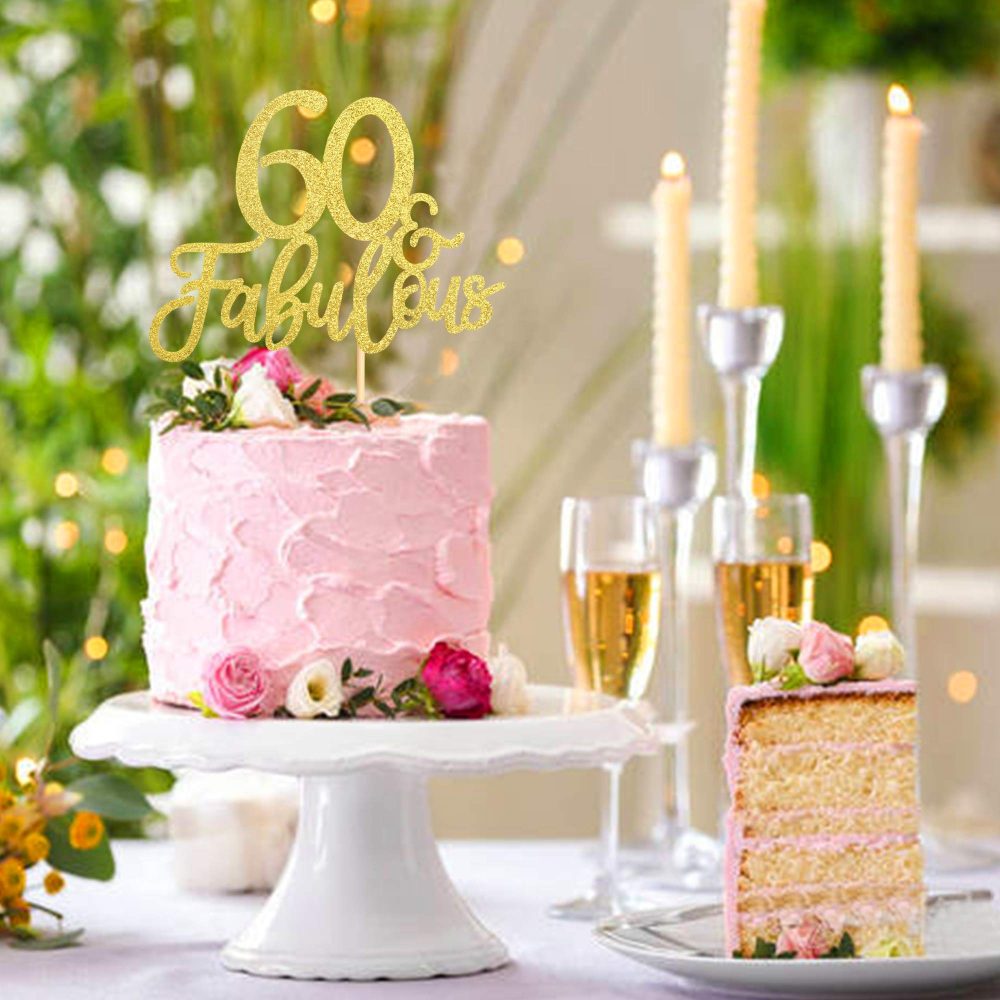 Gold Glittery 60 & Fabulous Birthday Cake Topper for 60th Birthday Party Decorations 60 Birthday Cake Decorations Supplies 3 Pack - Image 4