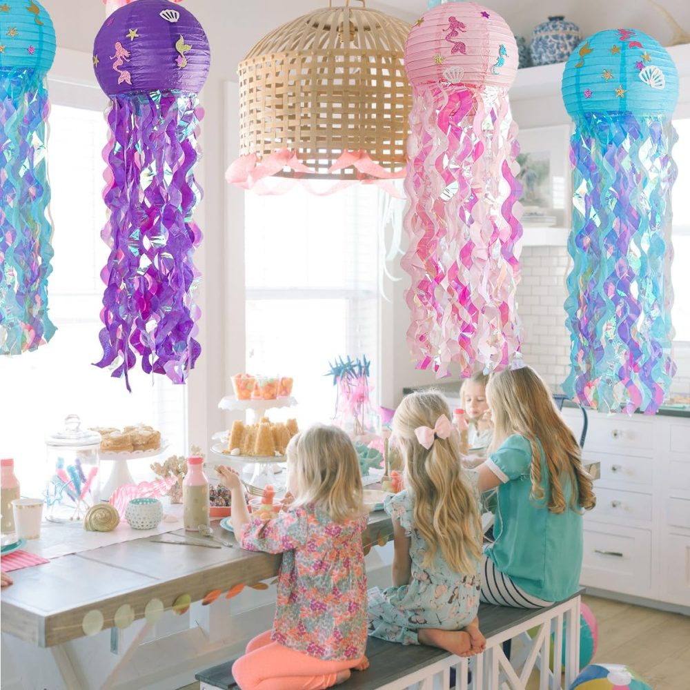 ZYOOO 3pcs Jellyfish Paper Lanterns,12in/30cm Round Hanging Lanterns for Mermaid Party,Birthday Party,Home Decoration for Kids,Girls,Ocean Lovers(Purple,Blue,Pink) - Image 3