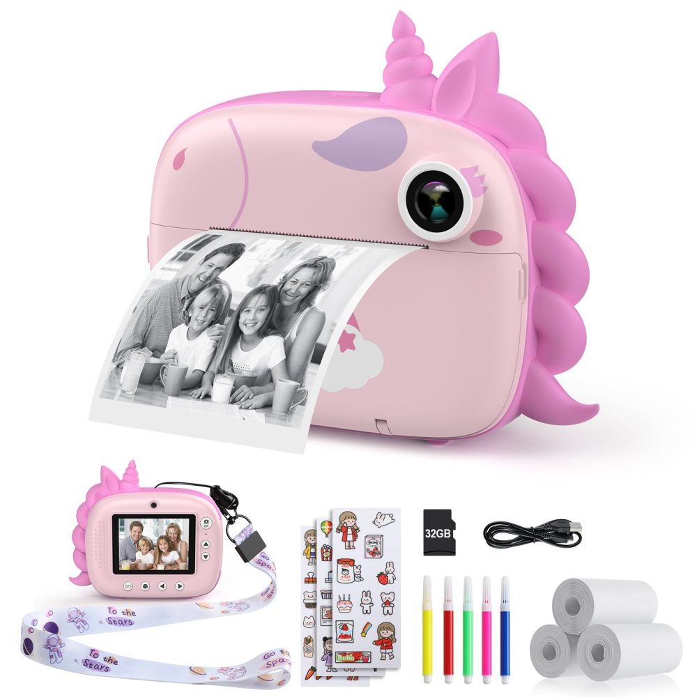 HiMont Kids Camera Instant Print, Digital Camera for Kids with No Ink Print Paper & 32G TF Card, Selfie Video Camera with Color Pens for DIY, Fun Gift for Girls Boys 3-14 Years Old (Pink)