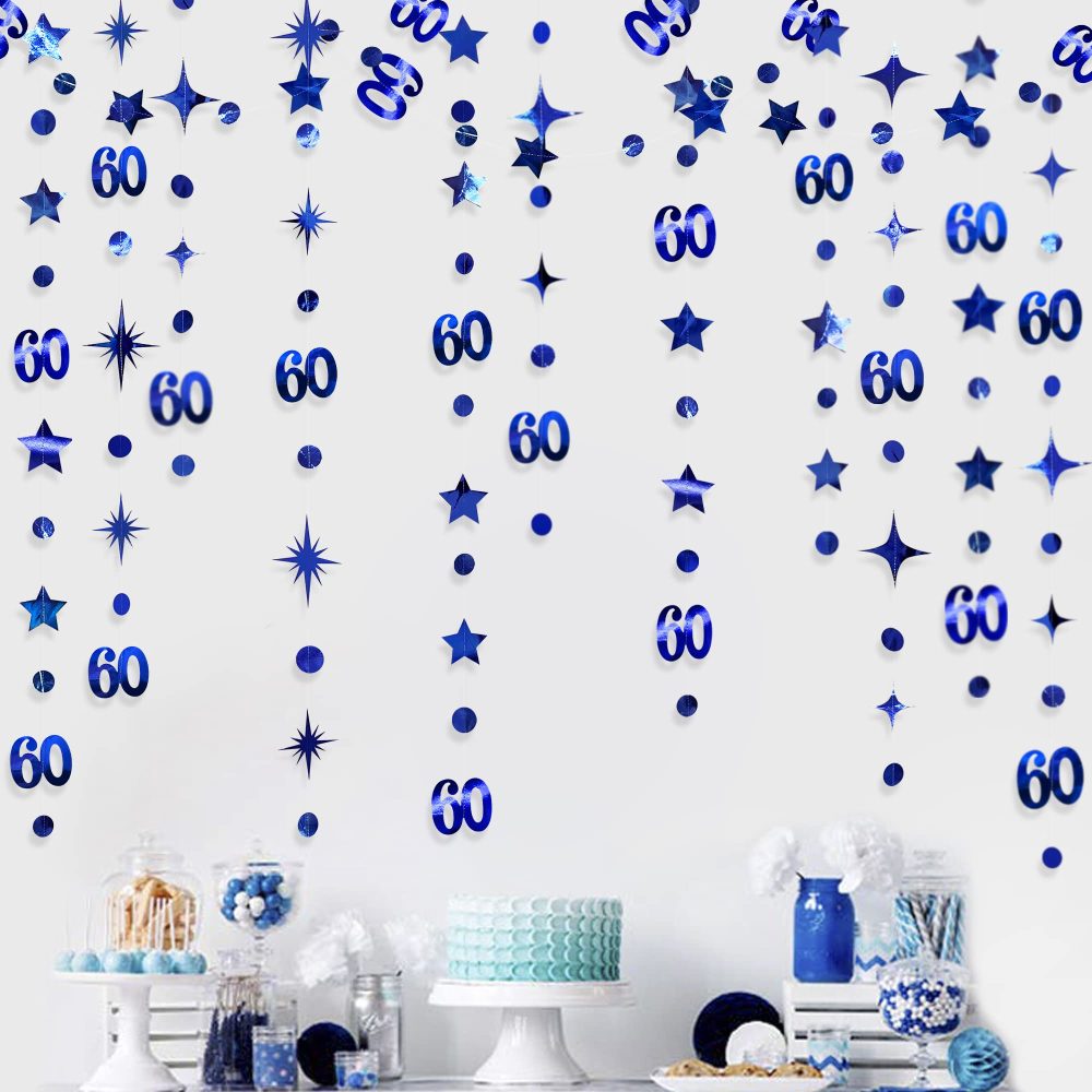 Navy Blue 60th Birthday Decorations Number 60 Circle Dot Twinkle Star Garland Metallic Hanging Streamer Bunting Banner Backdrop for 60 Year Old Happy Birthday 60th Anniversary Sixty Party Supplies - Image 4