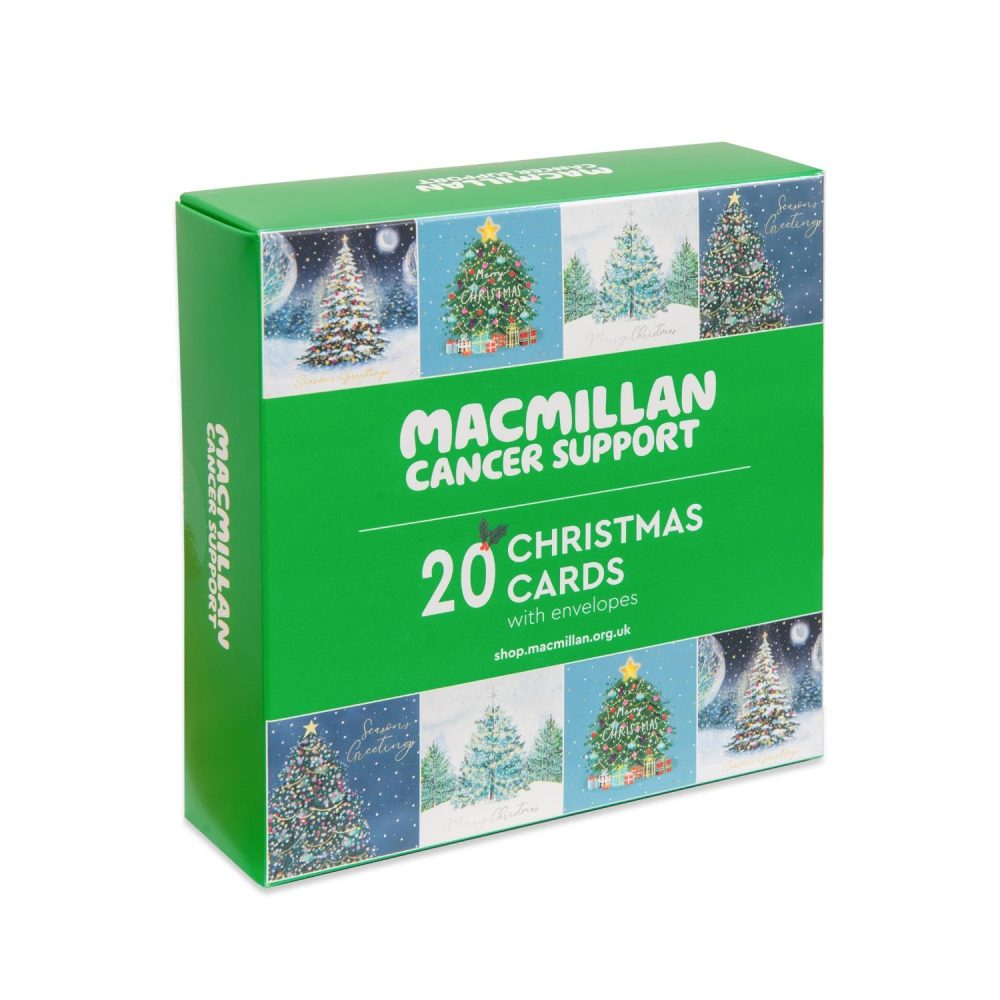 Macmillan Christmas Tree Charity Christmas Cards – Pack of 20 Luxury and Eco-Friendly Christmas Cards. Boxed Multipack of 4 Seasonal Christmas Designs. 127x127mm Card Size.