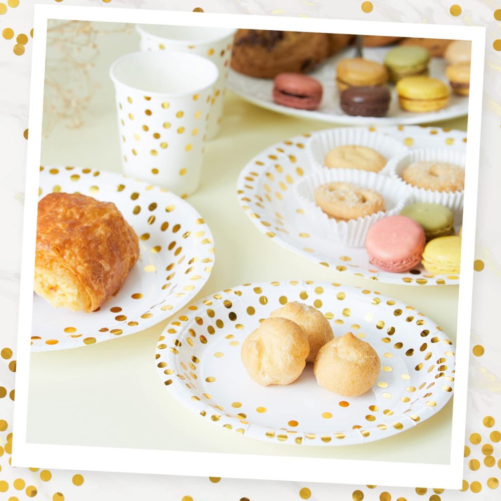 MATICAN Party Paper Plates, 50-Pack Disposable White and Gold Plates, Foil Polka Dots, 9-Inch - Image 7