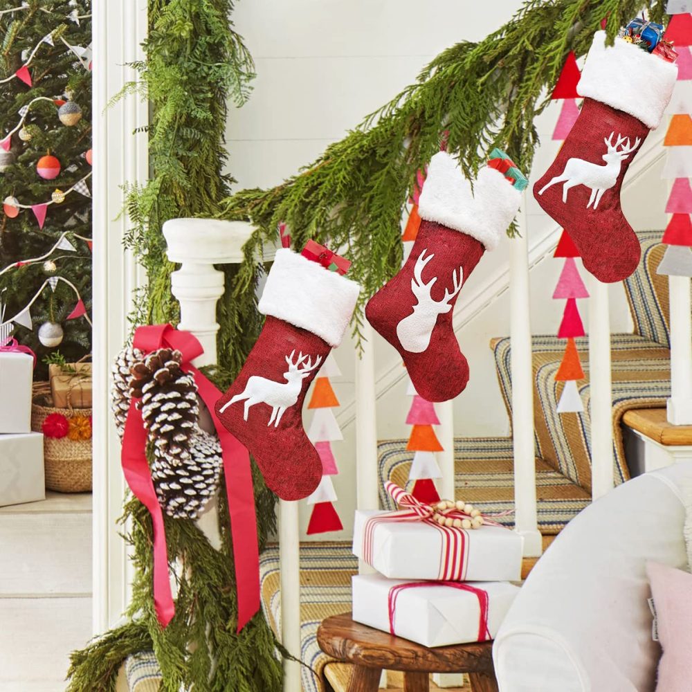 Christmas Stockings Set of 2, 18" White Reindeer Large Christmas Stocking Personalised for Adults Kids, Hanging Gift Bag Socks Ornaments Red Xmas Stockings for Christmas Fireplace Tree Decorations - Image 4