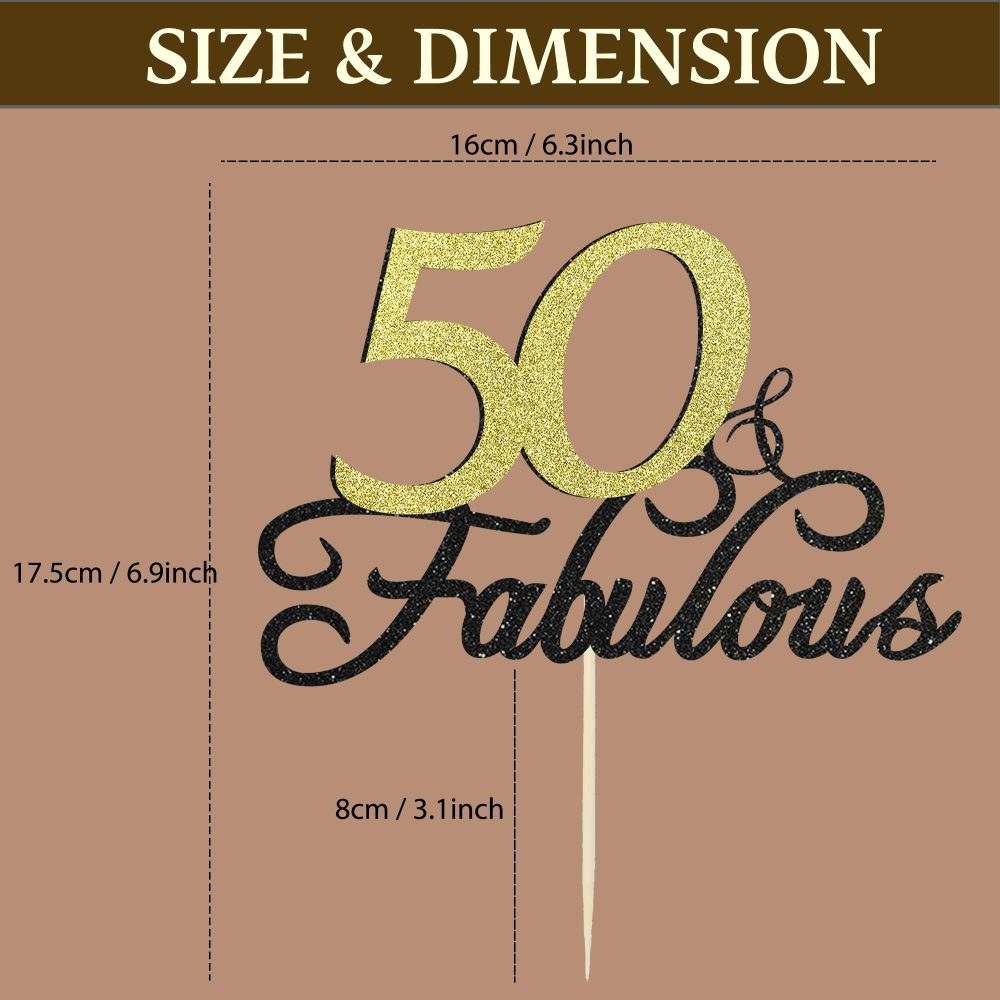 50 & Fabulous Birthday Cake Topper, Siipoo Black Gold Glitter Cake Topper for 50th Happy Birthday Anniversary Engagements Party Decoration Supplies - Image 5