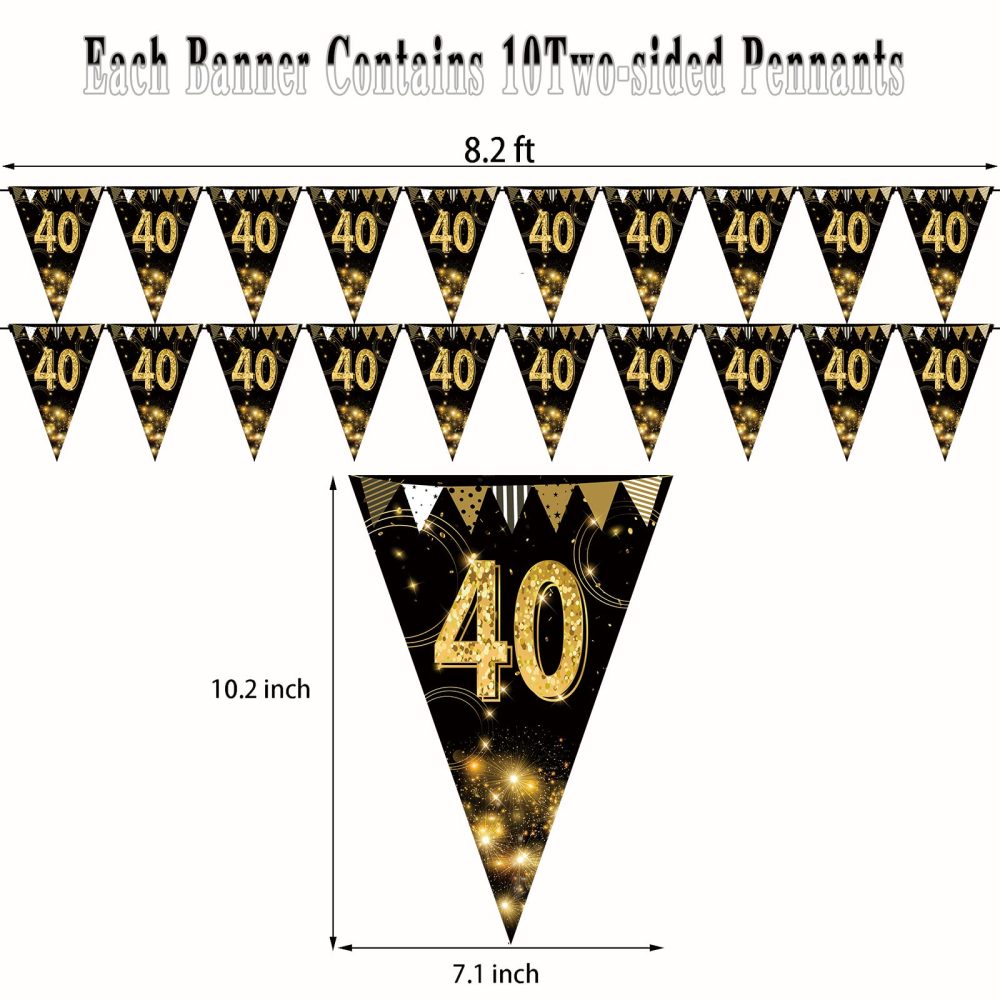 KTFNOMES Happy 40th Birthday Banner Bunting Flags Gold and Black Glitter Anniversary Party Decoration Supplies,40th Birthday Triangle Flag Banners for Men Women,7.1 x 10.2 inch,40 Pieces - Image 5