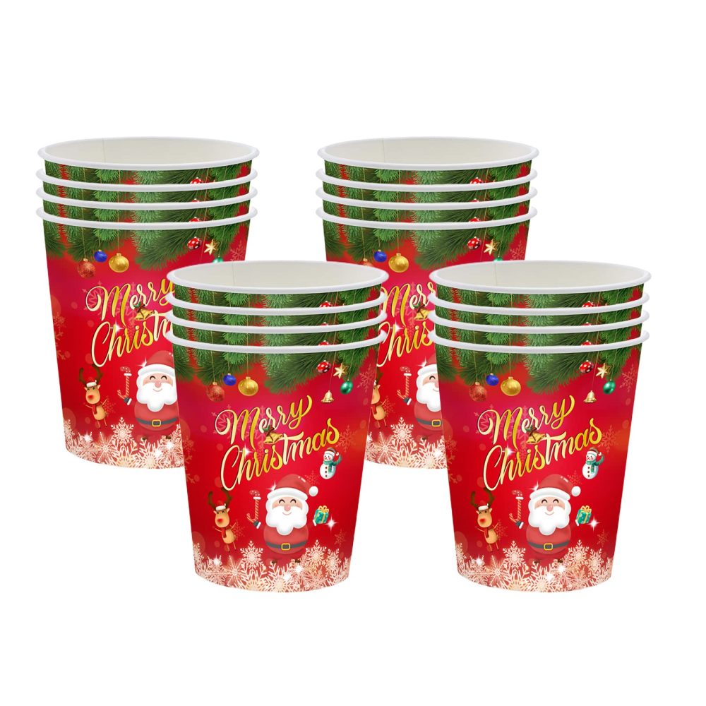 YAAVAAW 16Pcs Christmas Party Paper Cups,Merry Christmas Tableware Decor Red Santa Snowman Elk Pattern Disposable Paper Cups Xmas Dinner Cups for Birthday Christmas Party Supplies Table Decorations