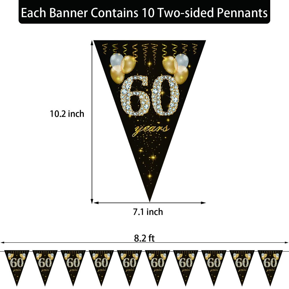 60th birthday bunting, Happy Banner Bunting Flags, 40 Pieces Triangle Gold Black Glitter Diamond by Numbers 60th Birthday Anniversary Theme Party Decoration Supplies - Image 2