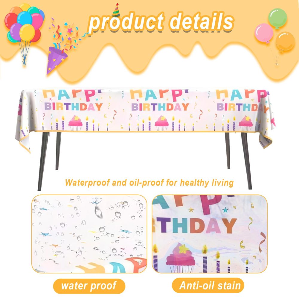 2Pack Birthday Party Table Cloth,54x72in Happy Birthday Party Tablecloth for Boys Girls White Plastic Confetti Disposable Rectangular Party Table Cover for Kids Baby Birthday Themed Party Decorations - Image 4