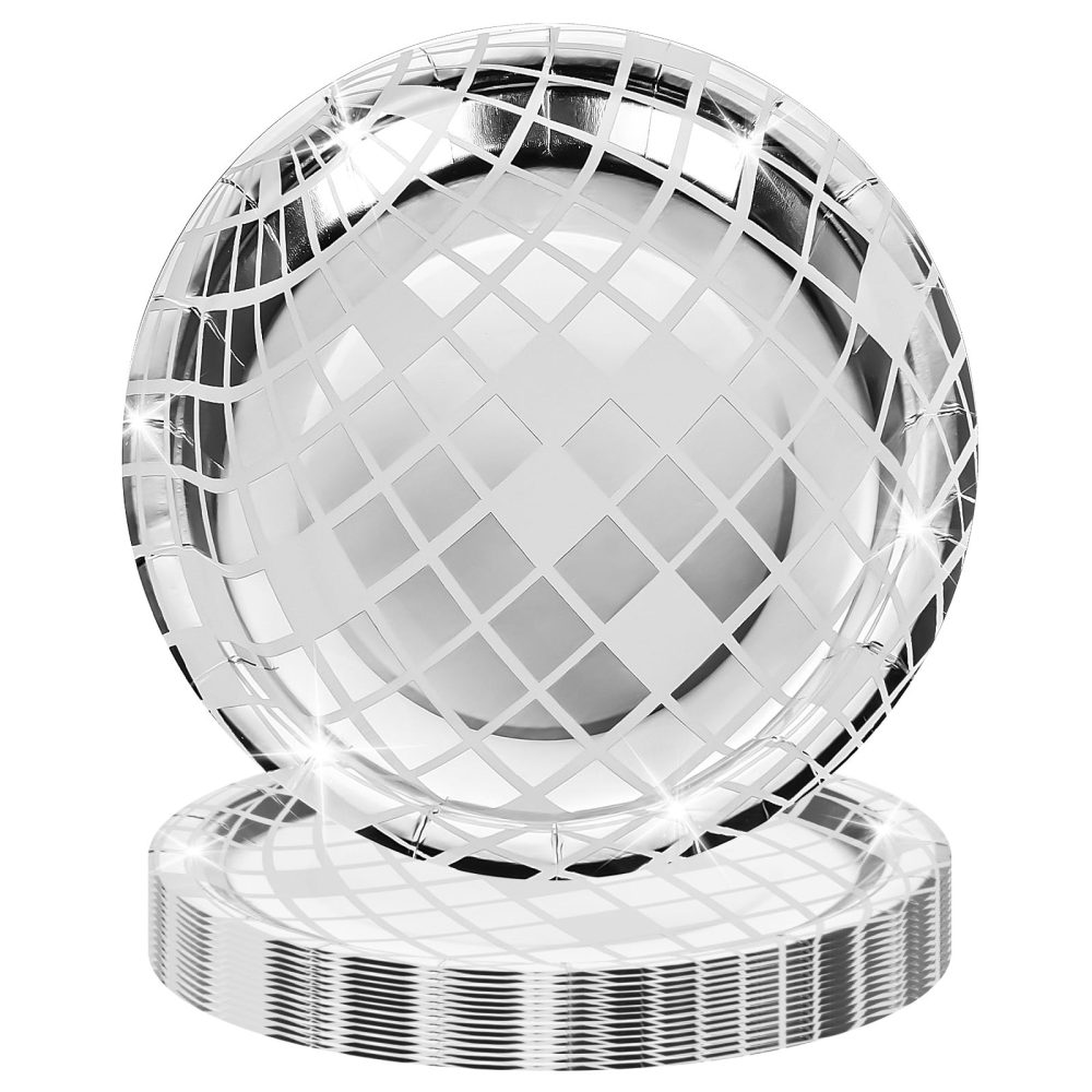 YUXIANLB 25Pcs Disposable Disco Ball Plates for 70s Disco Bachelorette Party Decoration Wedding Birthday Plate 7" (Silver) - Image 3