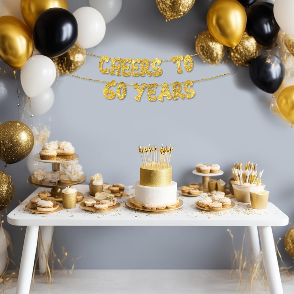 Cheers to 60 Years - Happy 60th Birthday Party Glitter Banner - 60th Birthday Party Decorations and Supplies - 60th Wedding Anniversary Decorations, Pre-strung - No DIY required - Image 3