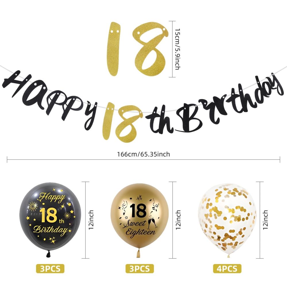 18th Birthday Decorations for Him,Black Gold Birthday Decoration Kit Incloud 10 Pcs Black Gold Happy 18th Birthday Latex Confetti Balloons 18th Birthday Banners for Boys Girls 18th Birthday Supplies - Image 8