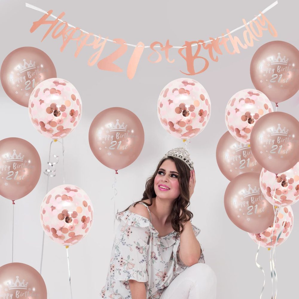 Happy 21th Birthday Banners Rose Gold Women 21th Birthday Banner Bunting Including 12 Pack 12” Latex Printed Balloons Women 21 Birthday Decorations Supplies - Image 5