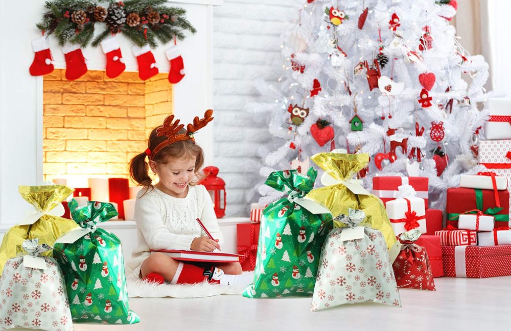 Christmas Bags, 40Pcs Santa Wrapping Gift Bag in 4 Sizes and 4 Designs, with Ribbon Ties and Tags - Image 2